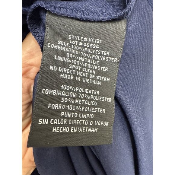 XSCAPE Size 16 Navy Metallic Lace Sleeve Chiffon Ruffled Cascade Gown Dress New - Picture 12 of 12